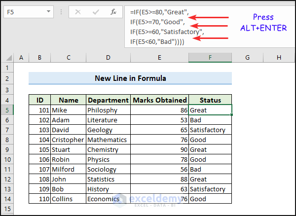 Excel new line in cell formula