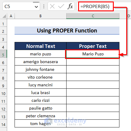 Using Excel PROPER Function to Capitalize Each Word