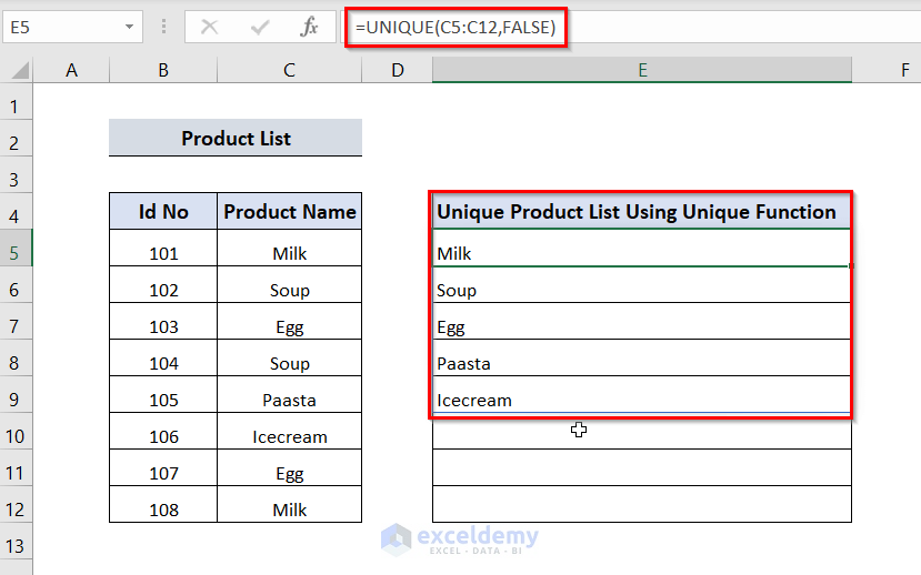 Extract Unique Items from a List in Excel using COUNTIF function