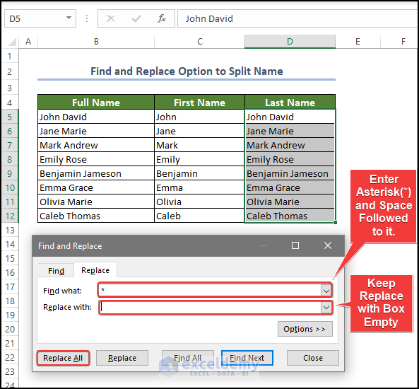 Find and Replace Option to Split Names in Excel