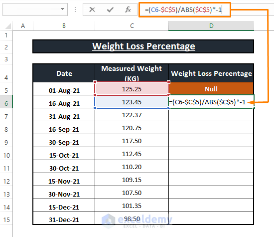 Arithmetic formula-Calculate Weight Loss Percentage in Excel