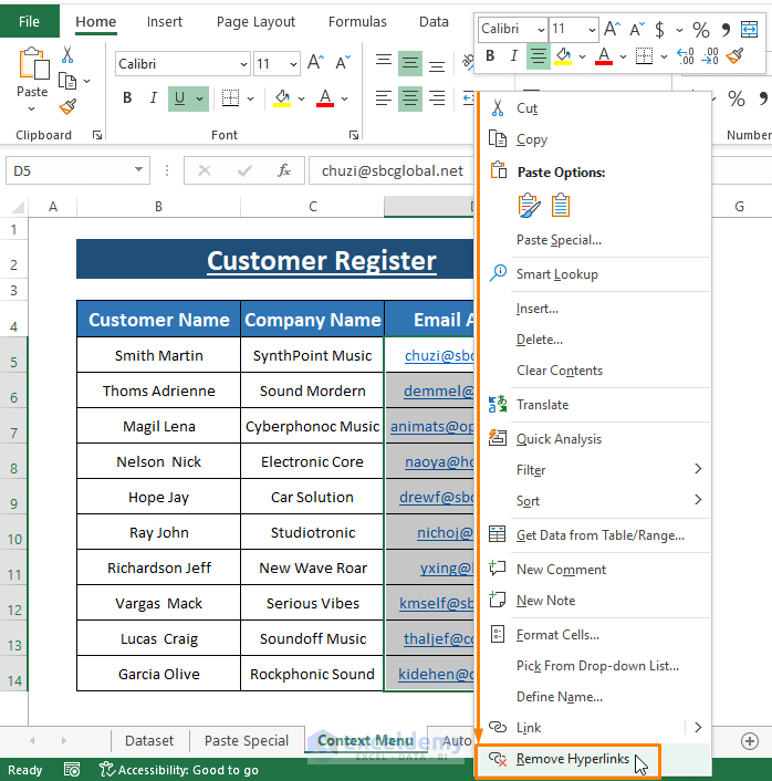 Context Menu-Remove Hyperlink in Excel for Entire Column