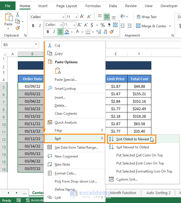 Context Menu-Sort Rows by Date in Excel 