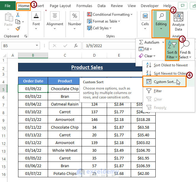 Custom sort-Sort Rows by Date in Excel 