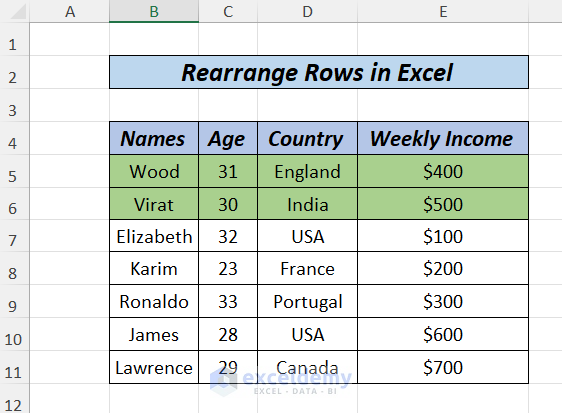 Cut and Insert Method to Rearrange Rows