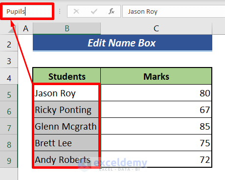 Edit the Name in the Excel Name box
