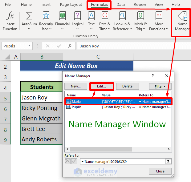 Change the Name in the Name Box from the Name Manager