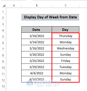 Applying Format Cells to Display Day of Week from Date 