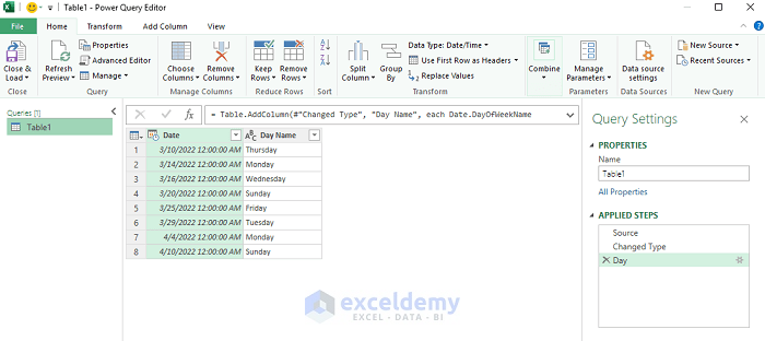 Utilizing Power Query to Display Day of Week from Date in Excel