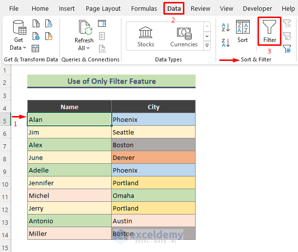 Use Excel Filter Feature to Filter Multiple Columns by Color