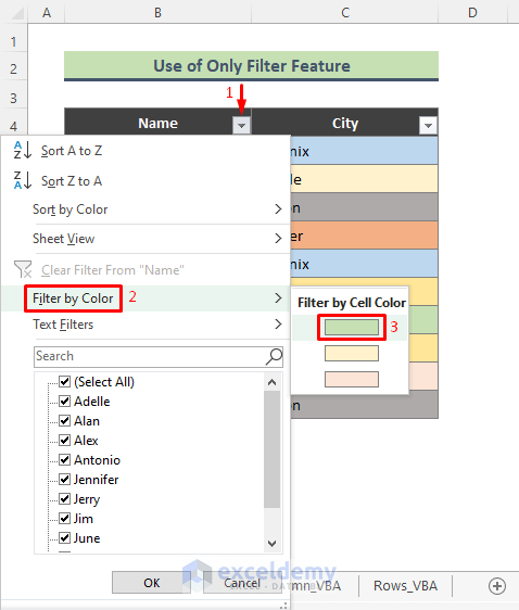 Use Excel Filter Feature to Filter Multiple Columns by Color