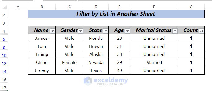 excel filter by list in another sheet by COUNTIF Function