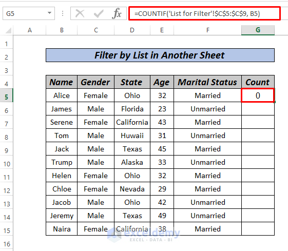excel filter by list in another sheet by COUNTIF Function