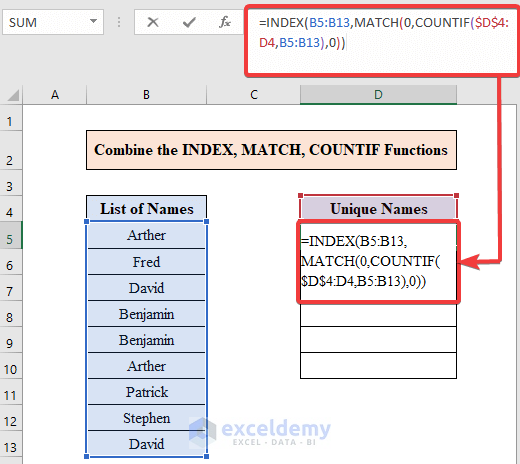 Combine the INDEX, MATCH, COUNTIF Functions to Extract Unique Values