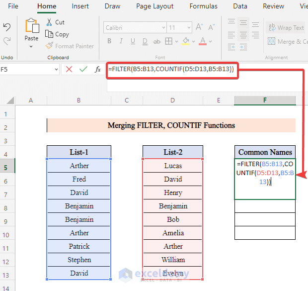 Merge the FILTER, COUNTIF Functions to Extract Common Values