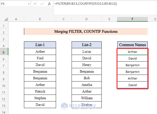 Merge the FILTER, COUNTIF Functions to Extract Common Values
