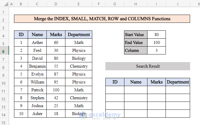 Merge the INDEX, SMALL, MATCH, ROW, and COLUMNS Functions to Extract Data