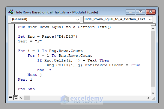 VBA Code to Develop Macro to Hide Rows Based on Cell Text in Excel