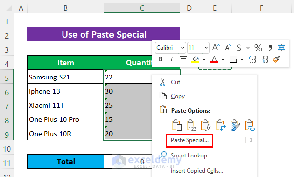Apply Paste Special Command if the SUM formula is not working and returns 0.