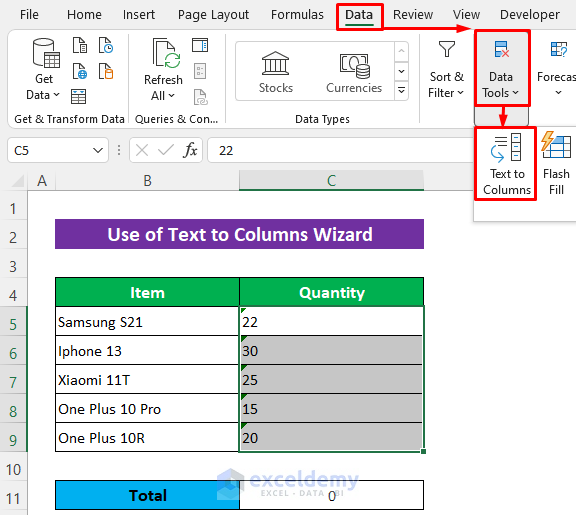 Apply Text to Columns Wizard if the SUM formula is not working and returns 0.