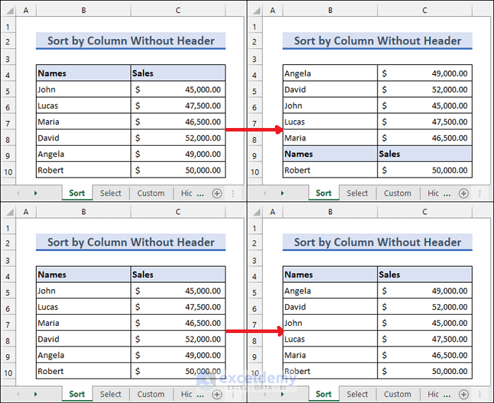 Excel Sort by Column without Header