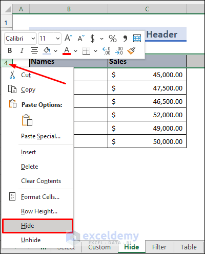 Hide the Header Row and Sort by Column