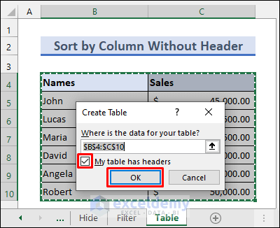 Use Excel Table and Sort by Column