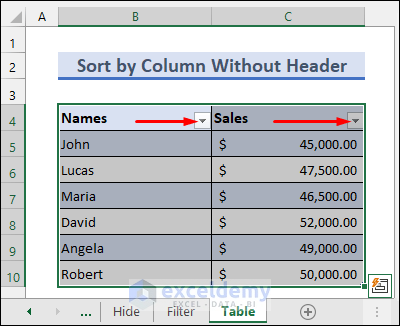 Use Excel Table and Sort by Column
