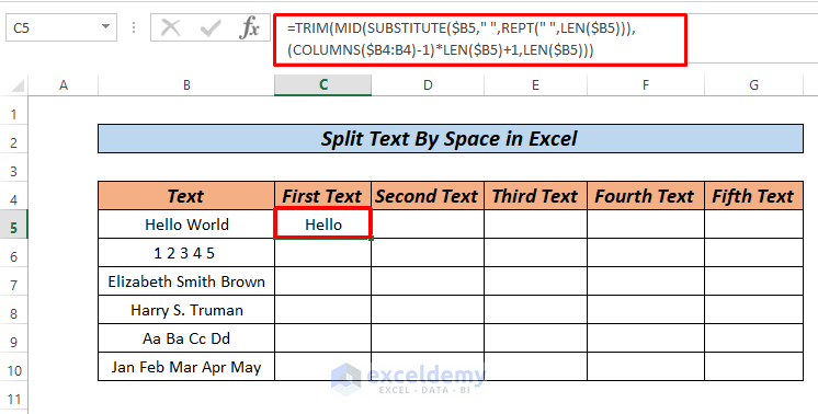 Excel Split Text by Space Formula TRIM COLUMNS SUBSTITUTE