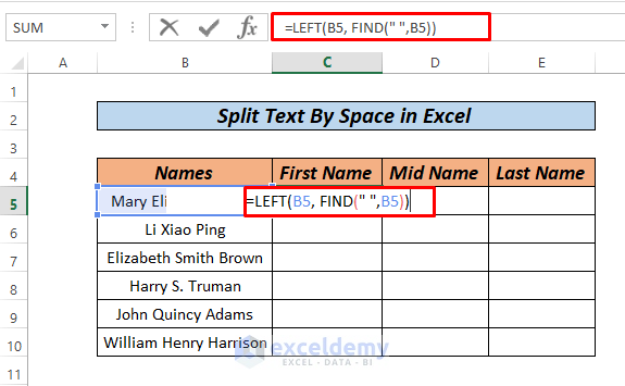 Excel Split Text by Space Formula LEFT FIND