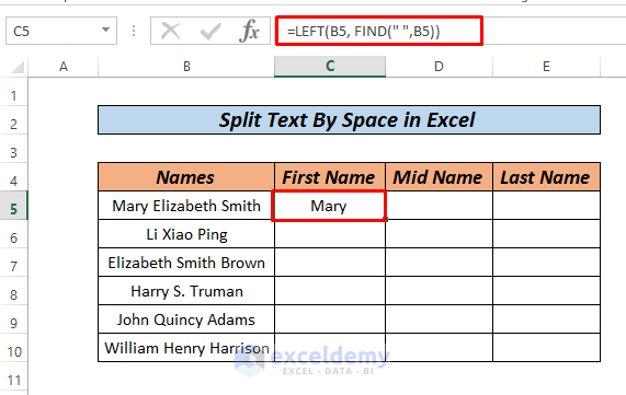 Excel Split Text by Space Formula LEFT FIND