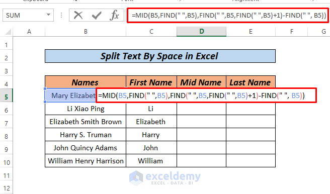 Excel Split Text by Space Formula MID FIND