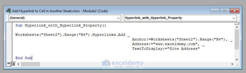 VBA Code to Add Hyperlink to a Cell in Another Sheet with Excel VBA