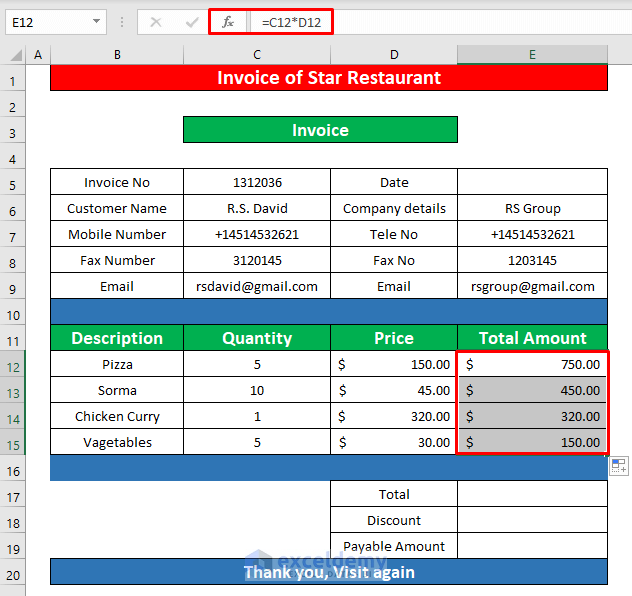 Use SUM Function to Create Invoice and Save PDF Format