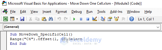Embed VBA to Move Down One Cell from a Specific Cell