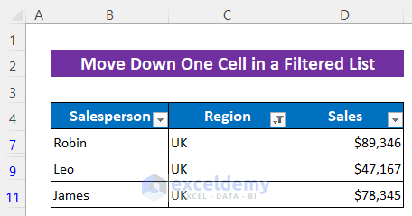 Apply VBA to Move Down One Cell in a Filtered List