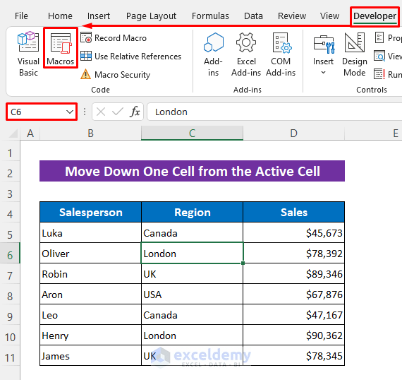 Use VBA to Move Down One Cell from the Active Cell