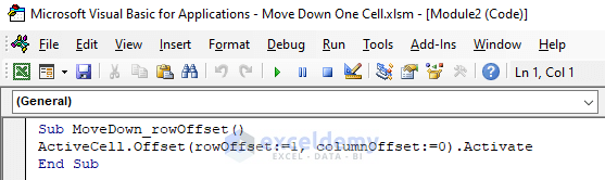 Embed VBA to Move Down One Cell from the Active Cell Using rowOffset