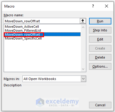 Embed VBA to Move Down One Cell from the Active Cell Using rowOffset