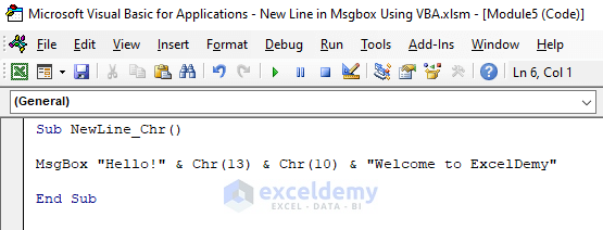 Apply Chr to Create New Line in MsgBox Using VBA in Excel