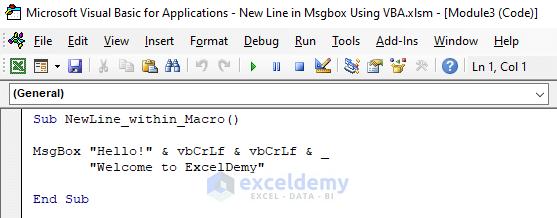 Add New Line within the Macro in Excel VBA