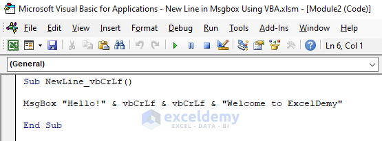 Use vbCrLf to Create New Line in MsgBox Using VBA in Excel