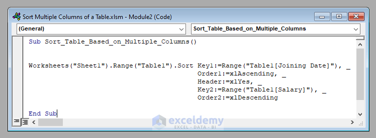 VBA Code to Sort Multiple Columns of a Table in Excel