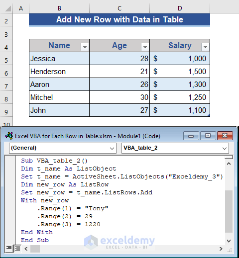 VBA Code to Add a Row with Data in an Excel Table