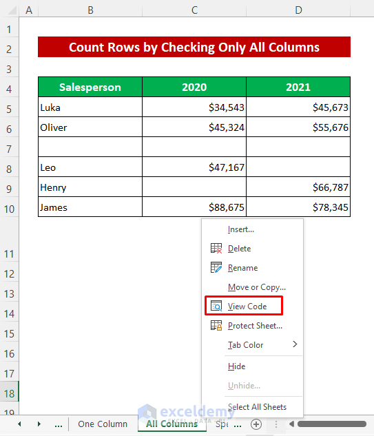 Count Rows by Checking All Columns in Excel Using VBA