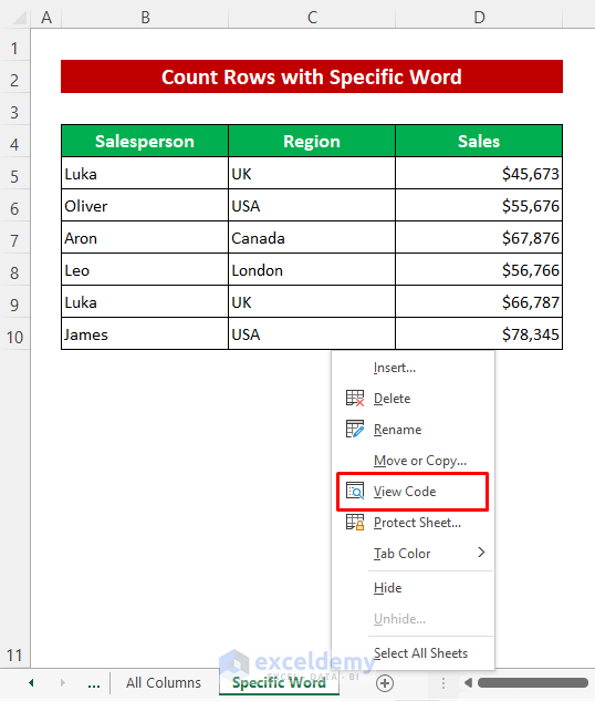 Employing VBA to Count Rows with Specific Word in Excel