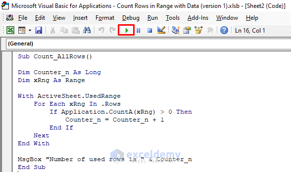 Count All Rows in Range with Data from the Activesheet