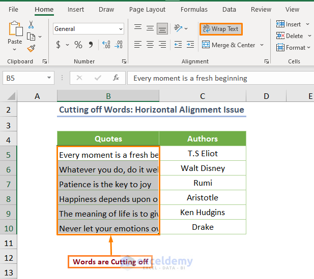 Excel Wrap Text Cutting off Words Horizontal Alignment Related Issue