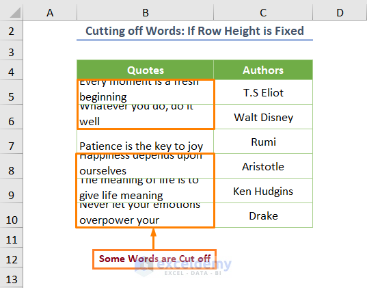 Excel Wrap Text Cutting off Words If the Row Height is Fixed