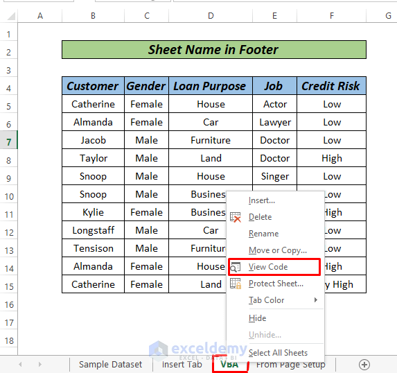 Excel sheet name code in footer by macros
